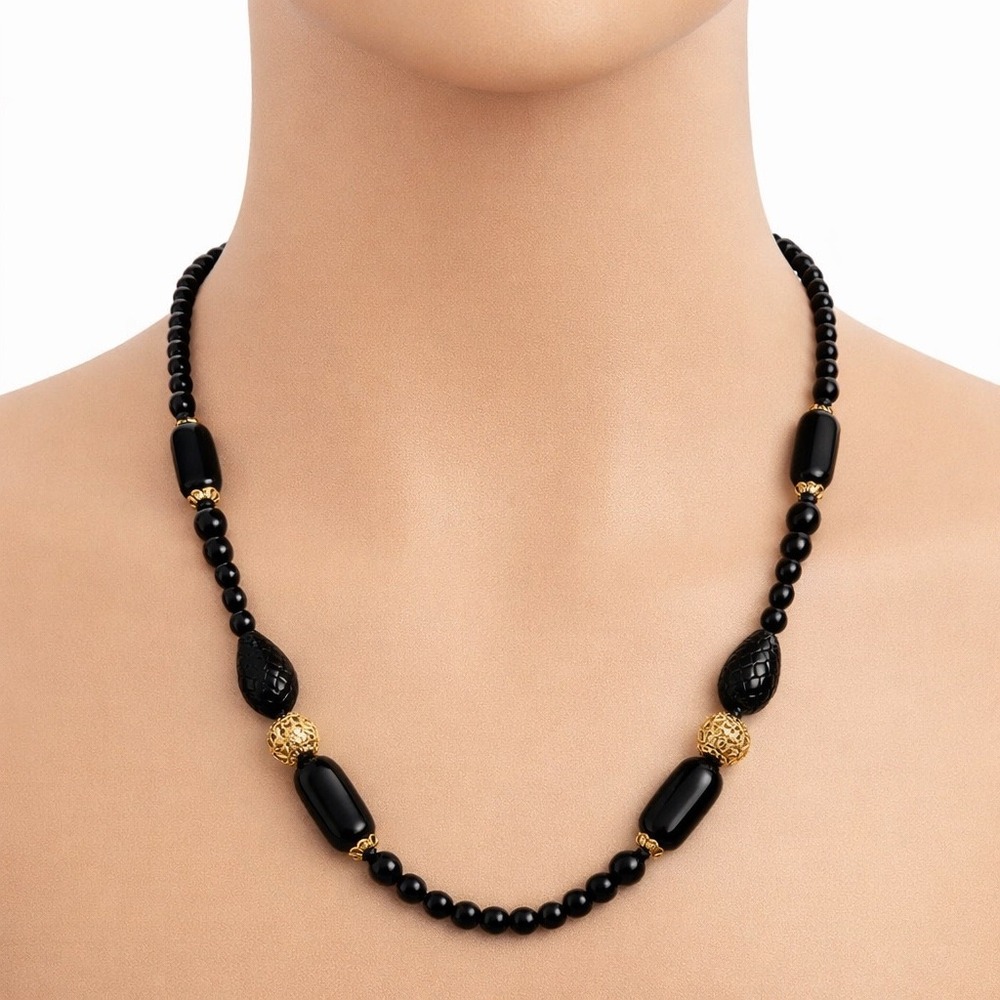 Vintage Style Black Beaded Necklace Gold Tone Filigree Accents Long Strand